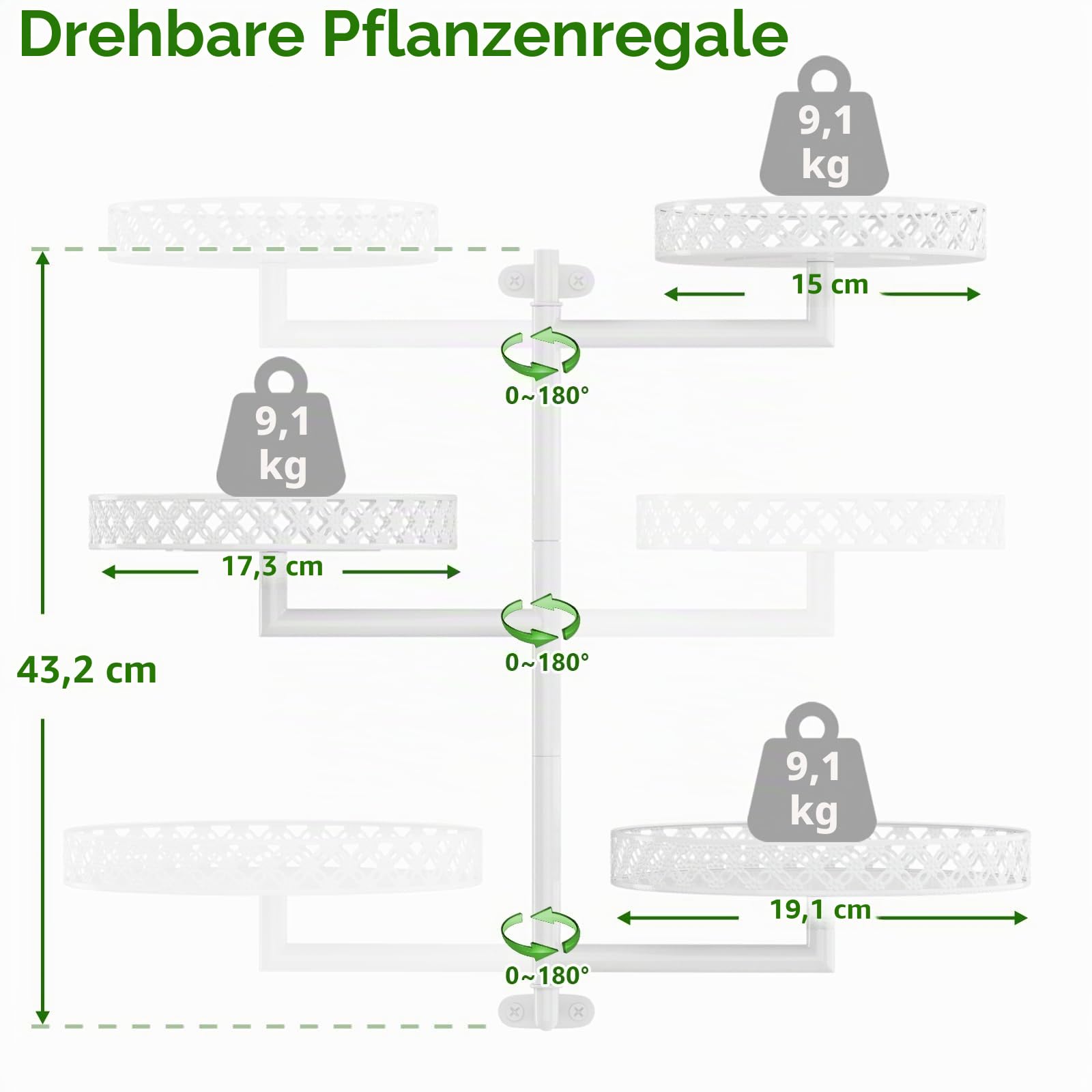 OVICAR Drehbare Fenster-Pflanzenregale – Innenwand-Pflanzenständer, 3-stöckig, Blumenmuster, Metall-Fensterregal, Halter für mehrere Pflanzen mit Aufhängehaken, Heimdekoration, Weiß