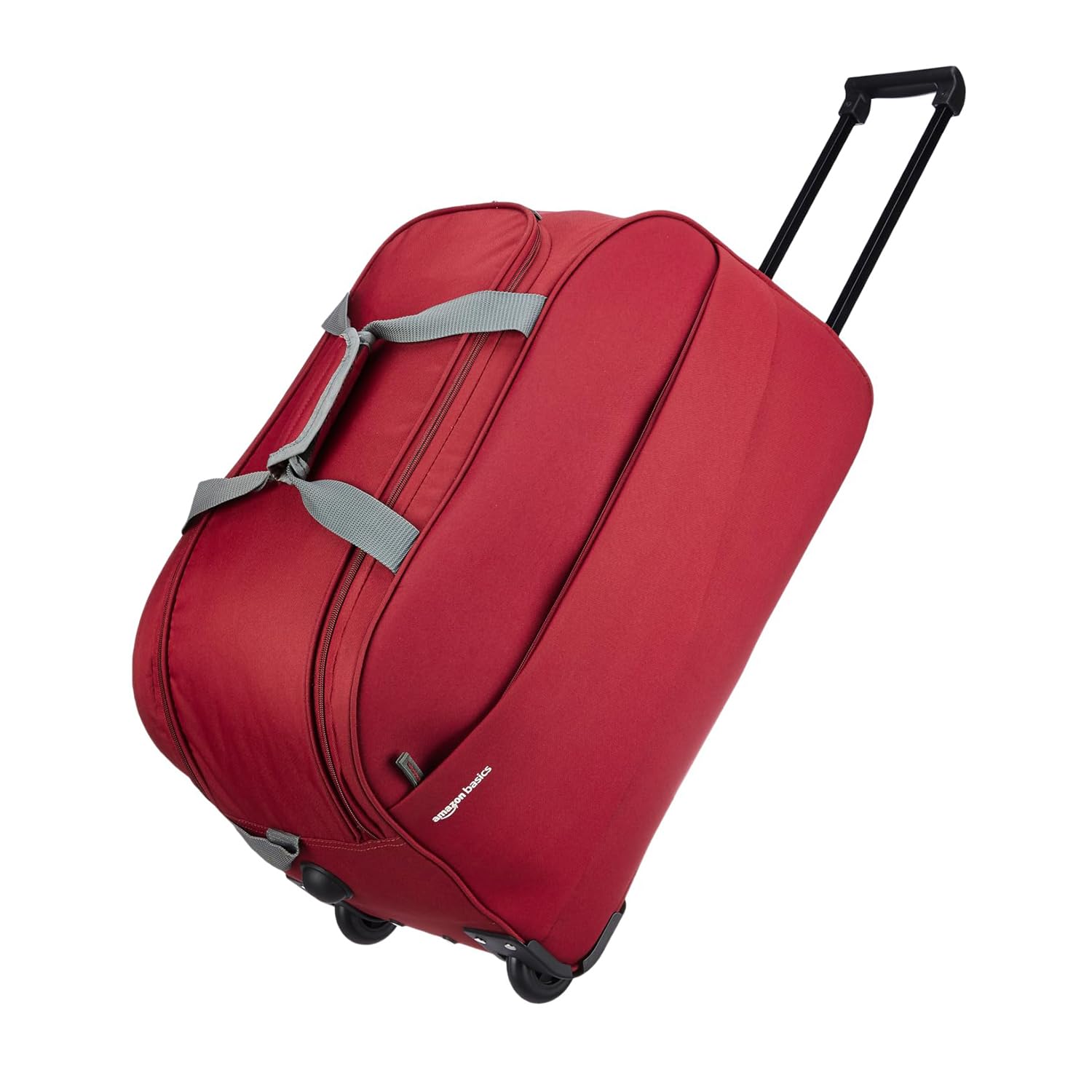 amazon basicsPolyester 63 Cms Travel Duffle Trolley|3 Ways to Carry: by Trolley,by Shoulder Strap,by Handles|Spacious Main|Front Pocket for Chargers,Power Banks,Etc. (Red,Soft,2 Inline)