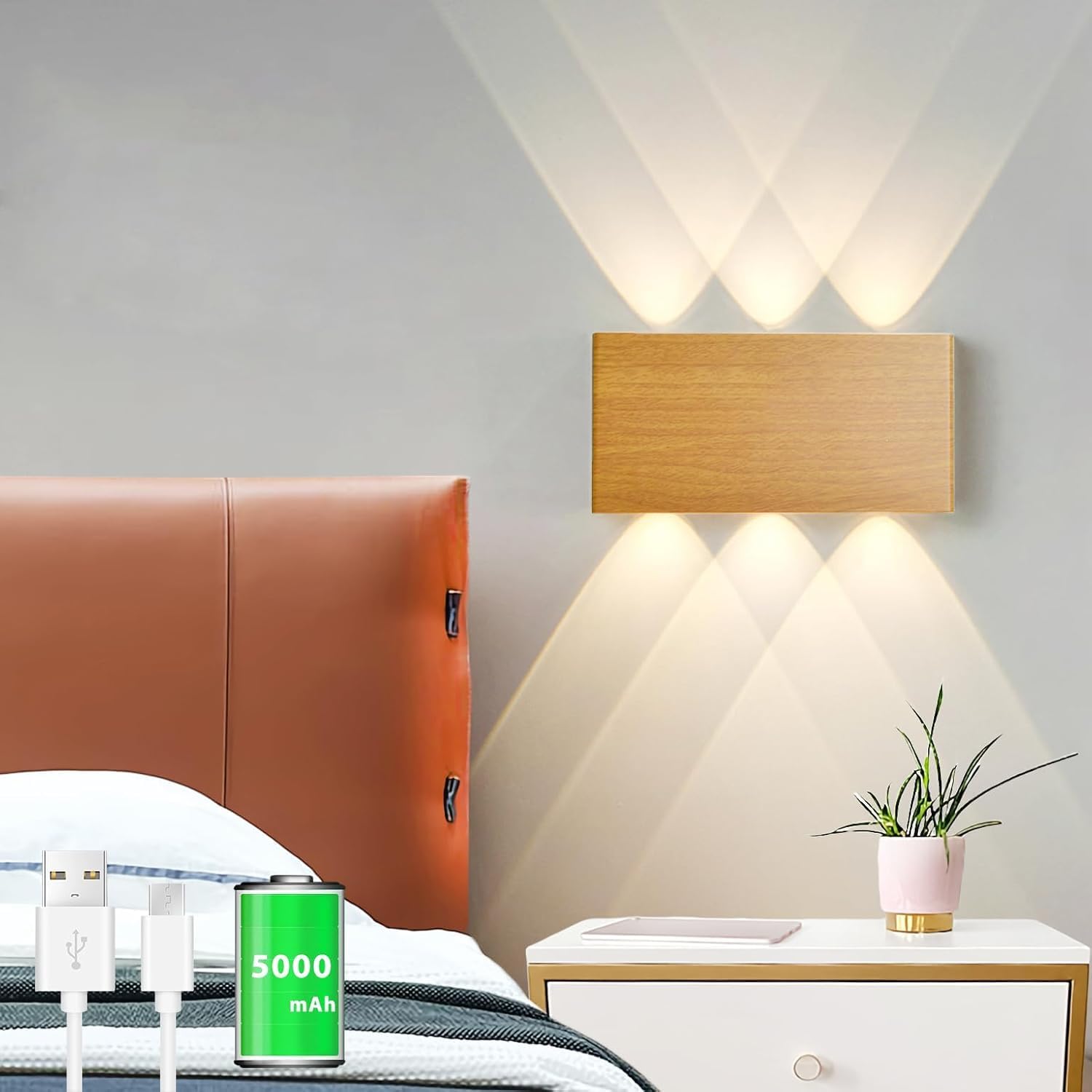 Shelprojsu LED Magnetic Wall Sconce Lights,5000mAh Wireless Bedside Wall Light USB Rechargeable Reading Wall Lamp,3 Lighting Colors and Dimmable Battery Operated Wall Sconces (Wood Color, 1 pcs) 1 pcs Wood color