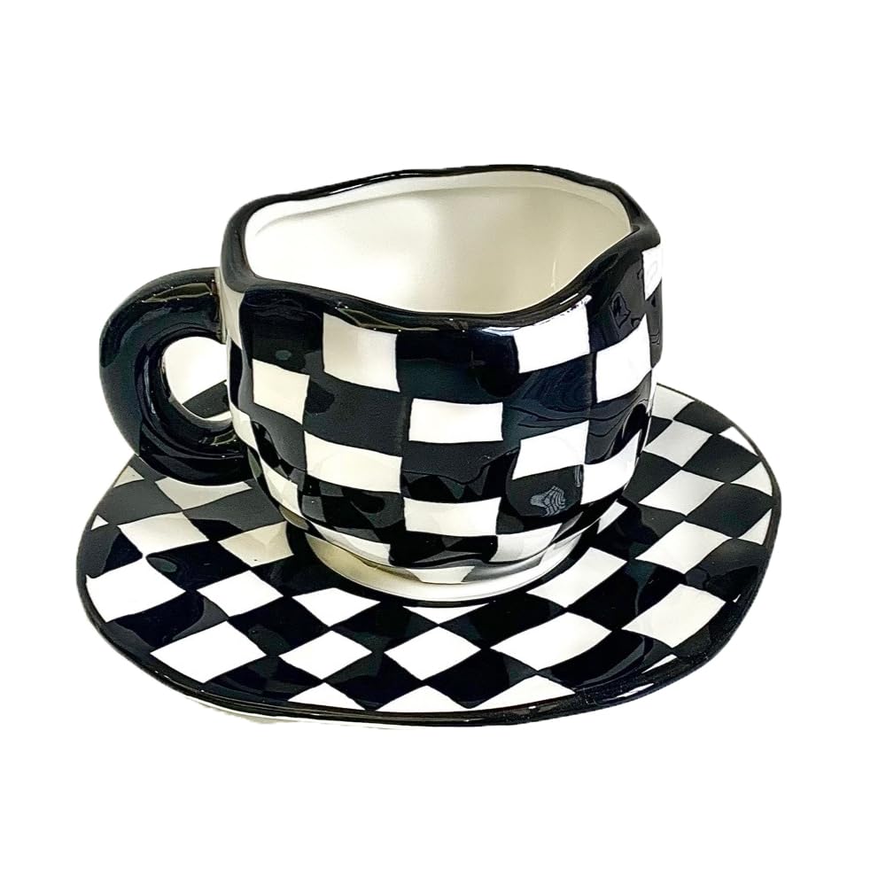 WULUN Tasse mit Untertasse aus Keramik, dicke Keramik, mehrfarbiges Karomuster, Fassungsvermögen 340ml / 11oz, unregelmäßige Form, für Kaffee, Milchtee, Nachmittagstee, Räuchertee, usw.