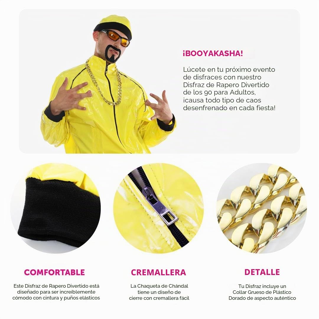 Disfraz de celebridad de los años 90, traje de concha amarilla y negra para adultos + sombrero a juego + gafas de sol + cadena dorada + percha negra - Divertido disfraz de rapero para Halloween,