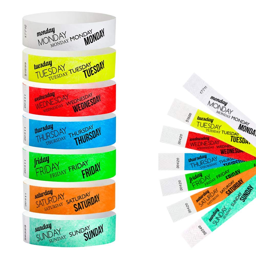 3,500 WristCo Tyvek Wristbands Days of Week Variety Pack - 3¾” x 10”- Waterproof Recyclable Comfortable Tear Resistant Paper Bracelets Wrist Bands for Events Concert Festival Admission Party