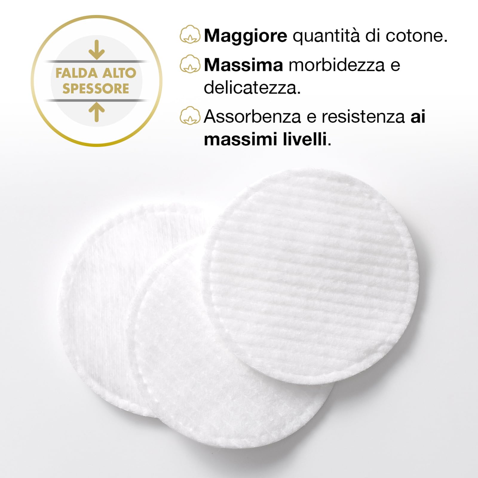 COTTON SOUND GOLD Dischetti Struccanti 120 Pezzi, Dischetti 100% Cotone, Adatti alle Pelli Sensibili, Ideali per la Rimozione del Trucco, Lato Liscio e Lato Goffrato, Made in Italy