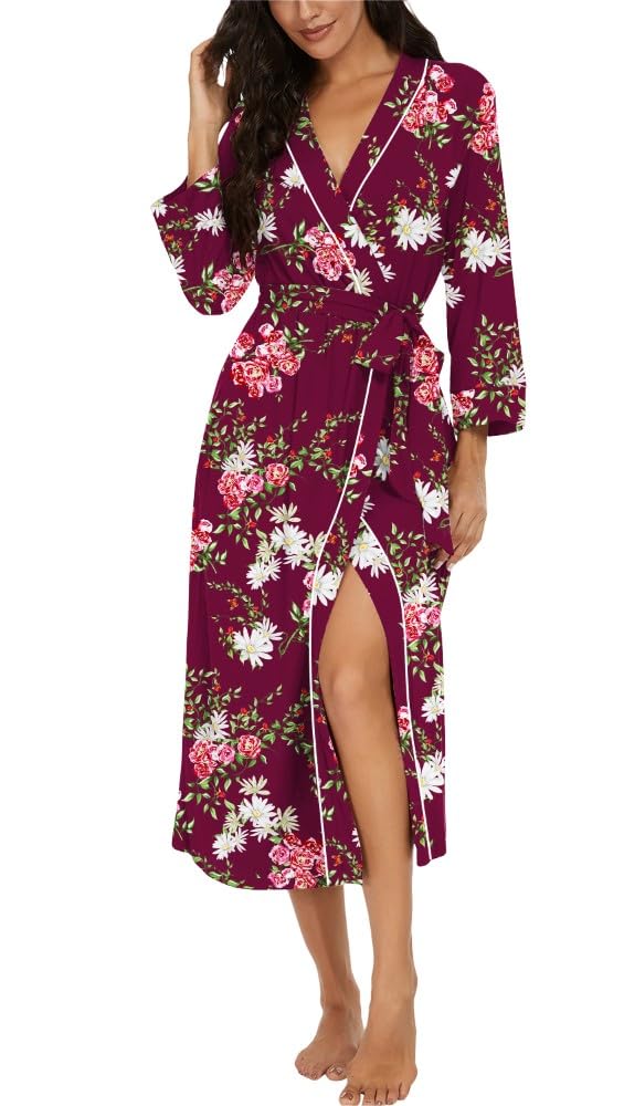 PrinStory Bademäntel Damen Leichter Kimono Roben 3/4 Ärmeln Damen Morgenmäntel Lange Nachtwäsche Lässig Loungewear Saunamantel (Weinrot Blumen, XL)