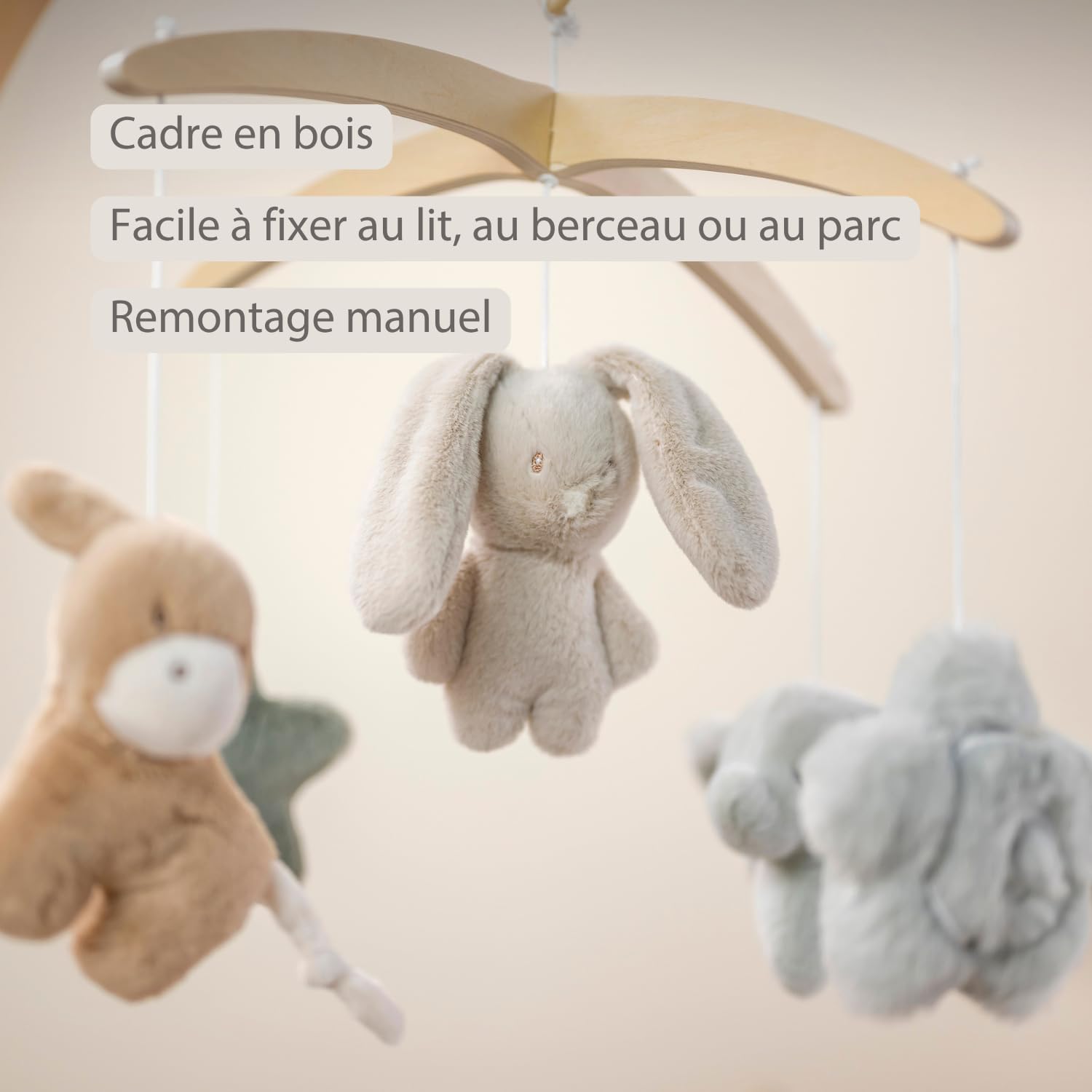 Nattou Loulou Mobile Musical en Bois, Cadeau pour Bébé, Cadeau de Naissance, Mobile Musical Lit Bébé, 50 x 40 x 74 cm, Couleurs Douces