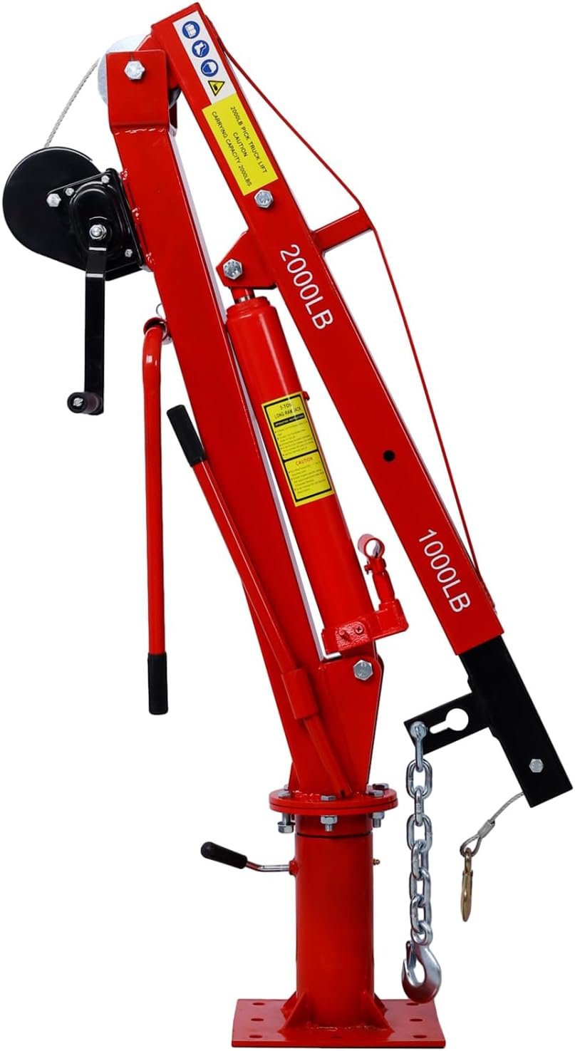 Hydraulic Pickup Truck Crane with Hand Winch 2000-Lb. Steel Red Powerful Performance Bed Heavy-Duty Lifting Tool