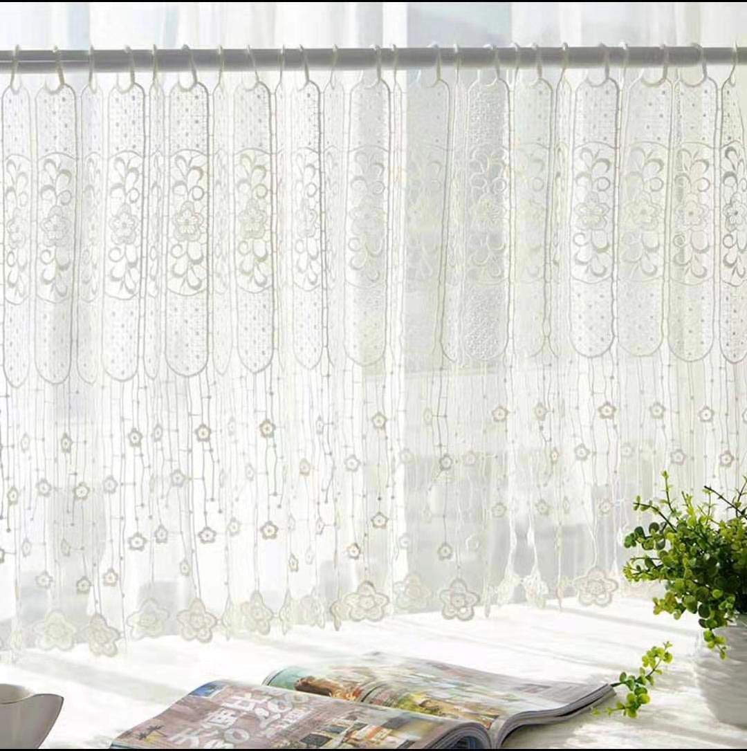 Scheibengardinen transparent mit Blumenmustet Bistrogardine Küchenvorhang Fenstervorhänge Türbehang mit Spitze Wunderschön dekoriert modernstil Weiß (HxB 120x150cm) 1 Stück