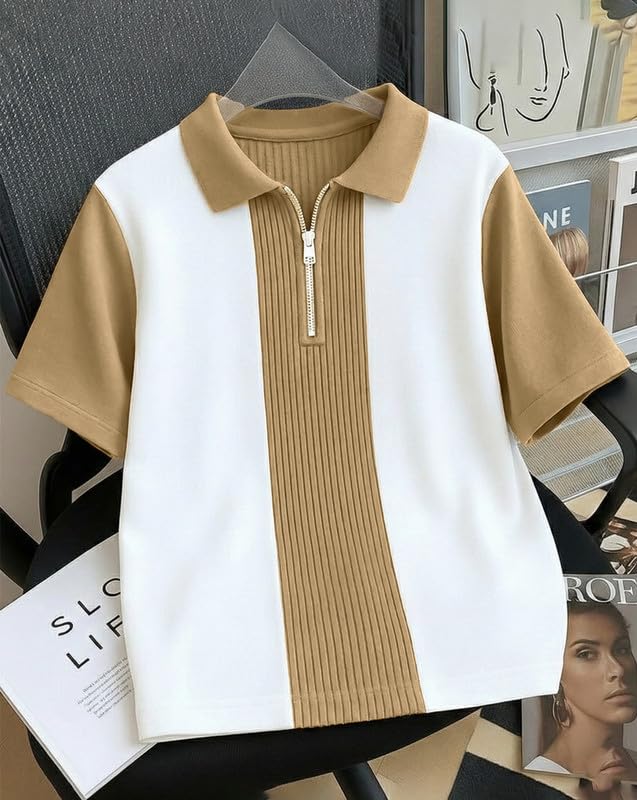Image of AUSK Men's Textured Vertical Striped Knit Polo T-Shirt | Half Sleeve Zipper Neck Self-Design Casual Tee | Mens Tshirts