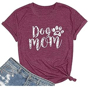 Dog-Mom-Tshirts-for-Women-Funny-Dog-Paw-Graphic-Print-Short-Sleeve-O-Neck-Mom-Shirt FLOYU Women Mom Shirts Mama Letter Printed T-Shirt Mother's Day Tops Casual Fur Mom Short Sleeve Shirt Claret