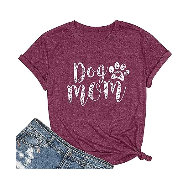 FLOYU Women Mom Shirts Mama Letter Printed T-Shirt Mother's Day Tops Casual Fur Mom Short Sleeve Shirt Claret