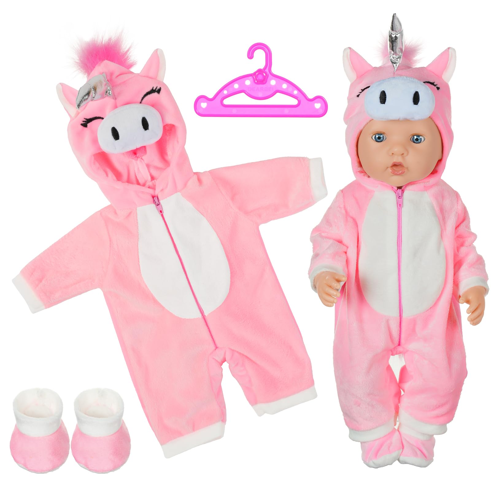 Aolso Vestiti per Bambole per New Born Baby Doll, Abiti per Bambolotti 35-45CM 18" , Pagliaccetti Stampa con Cappello, con 1 paio di Calzini e 1 Gruccia, Unicorno Rosa(Bambola non Inclusa)