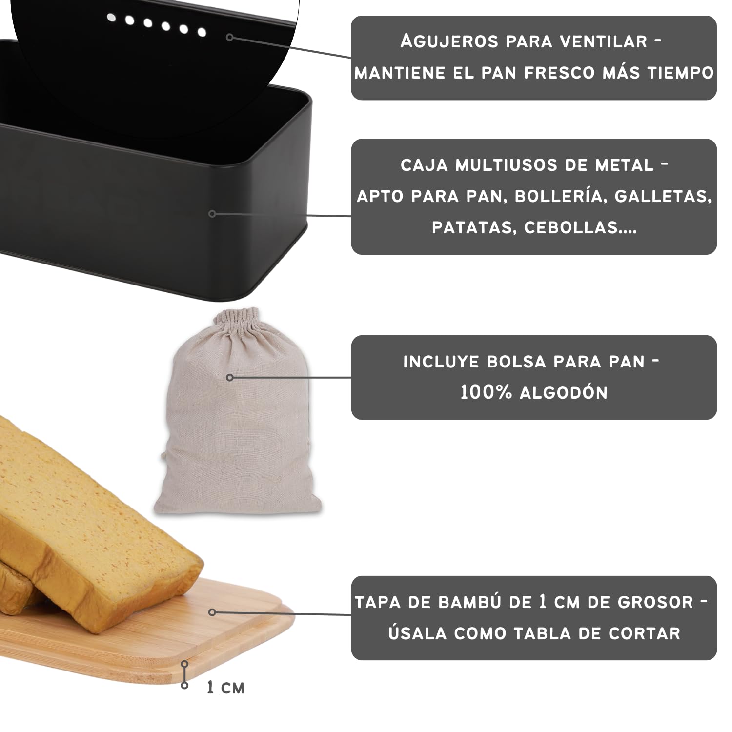Set Organización Cocina 4 Piezas: Panera + Juego de 3 Botes para Patatas, Cebollas y Ajos. Cajas de Almacenaje Metal Negro Mate con Tapa de Bambú y Ventilación