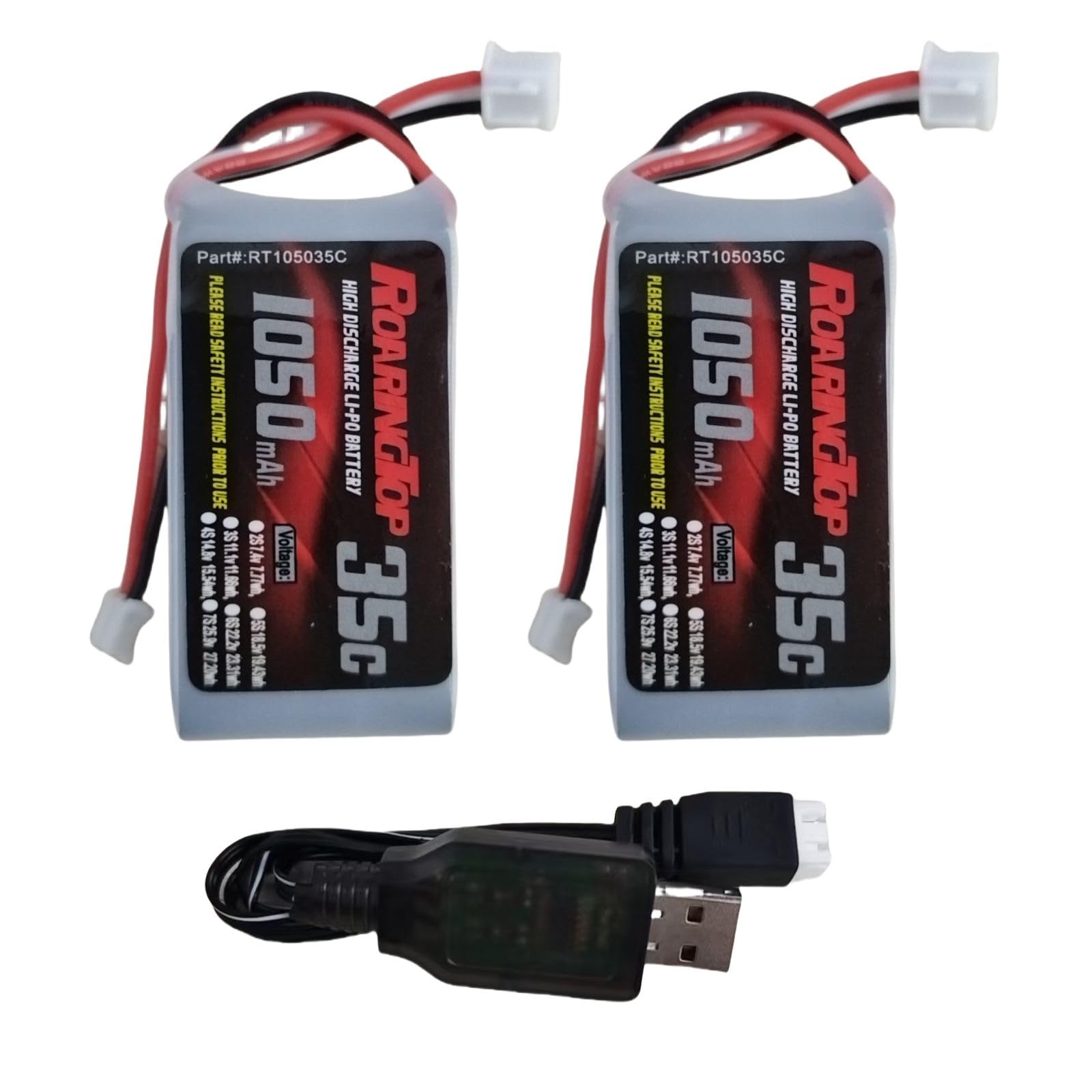RoaringTop Lipo Battery 2S 1050mAh 7.4V 35C Lipo Battery with PH 2.0 Plug for Car Series Remote Control SCX24 and Car Remote Control in 1/18, 1/24 Scale with 1 USB Charger