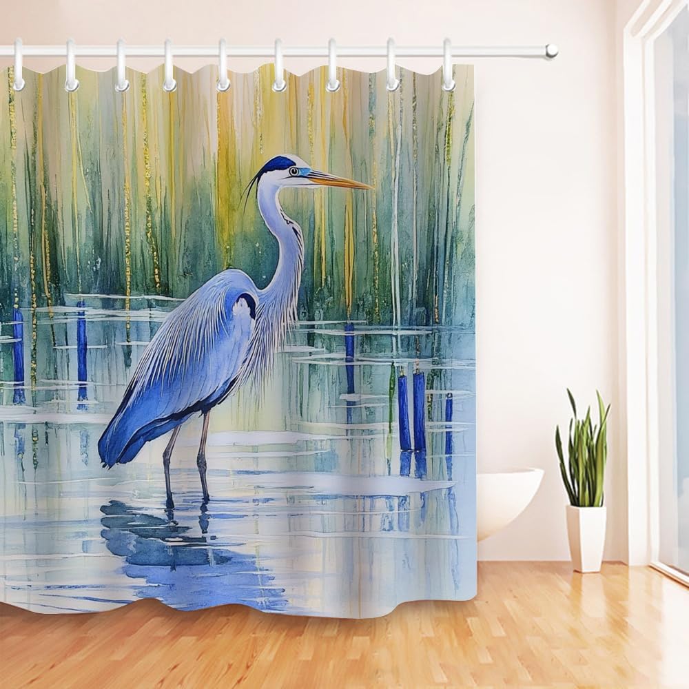 Moslion Shower Curtain Heron Watercolor Blue Heron Crane Bird Animal Wildlife Leaves Water Nature Funny Shower Curtain for Bathroom Decoration Polyester 72Wx72H Inch