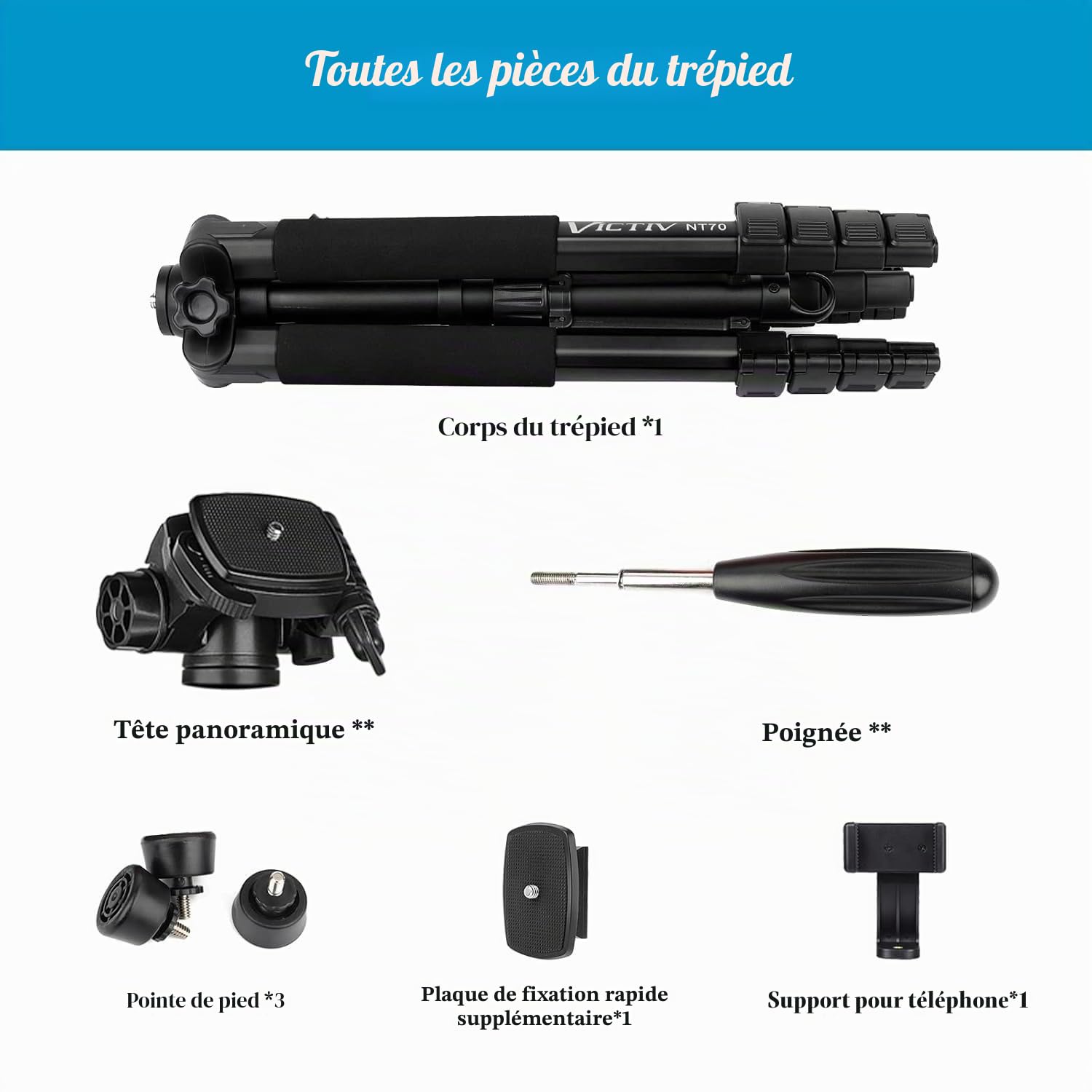 Trépied Appareil Photo pour Smartphone, Victiv 185cm Trépied Caméra en Alliage Aluminium Léger, avec tête pan Amovible à 3 Voies, Trepieds Photo Compatible DSLR Nikon Canon Camera (Nouveau Améliorer)