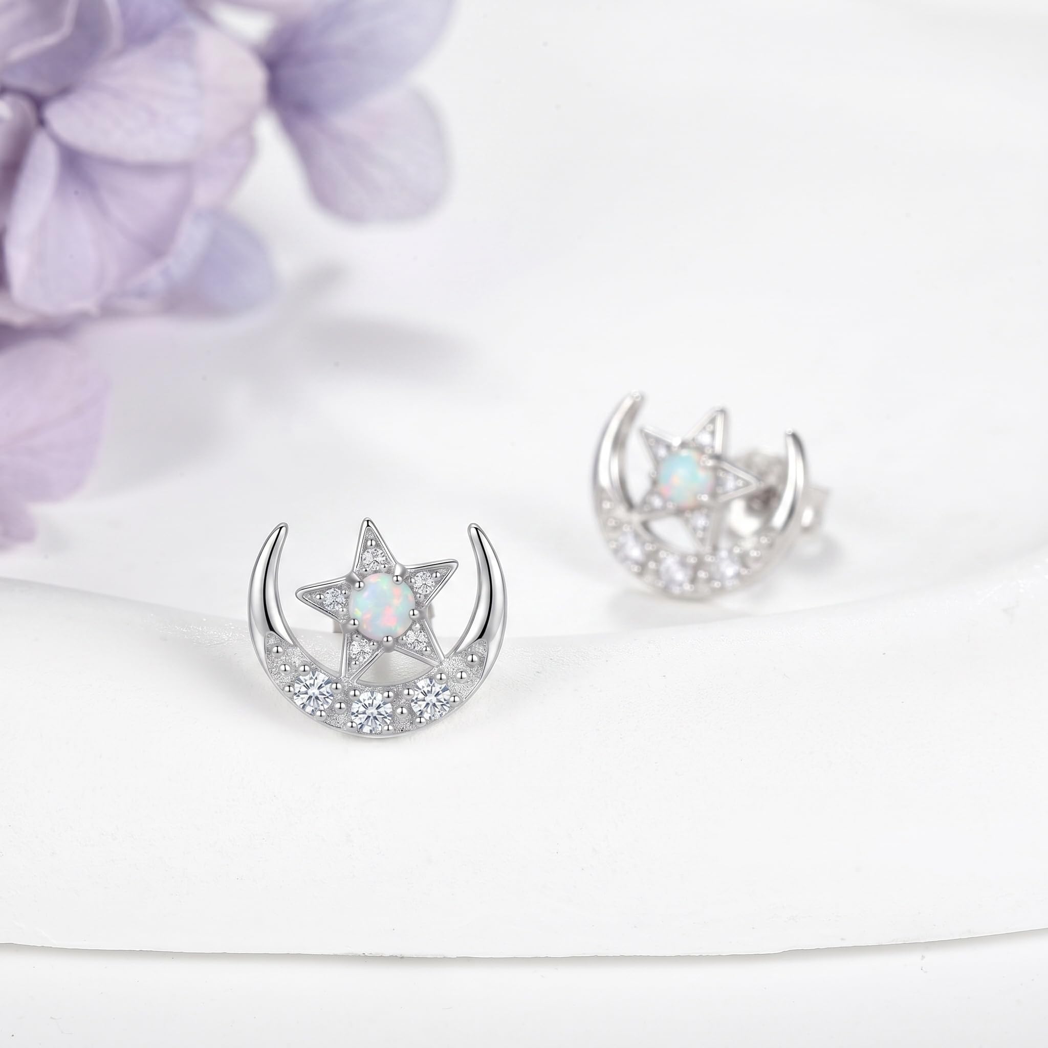 Mond und Stern-Ohrringe Ohrstecker aus 925er Sterlingsilber mit Opal-Stern, Halbmond-Schmuck, Geschenk, himmlische Ohrringe für Damen