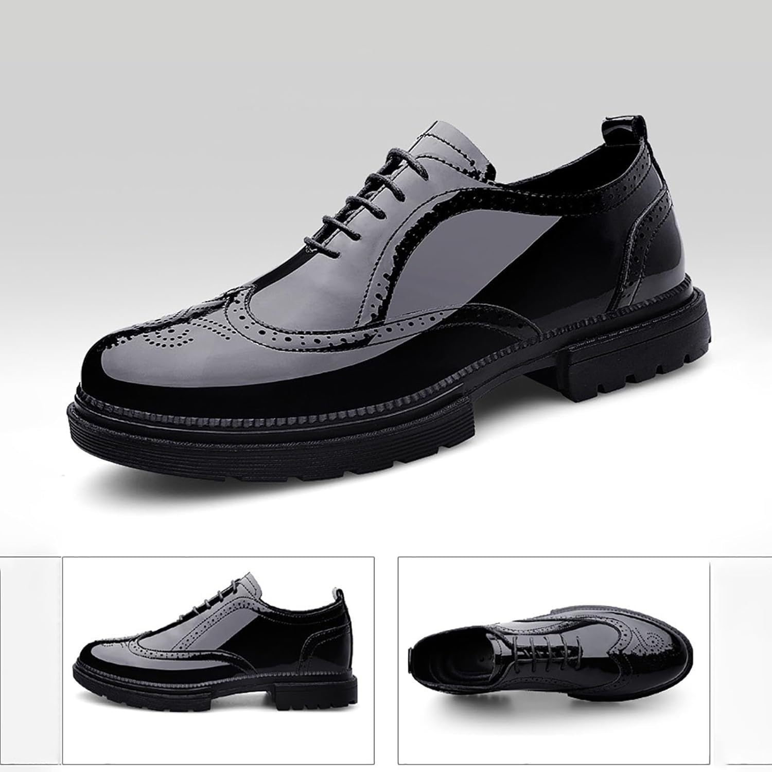 Męskie Lakierowane Skórzane Buty Typu Brogue Z Rzeźbionymi Brogsami, Grube Skórzane Sznurowane Buty Typu Oksford, Codzienne, Komfortowe Buty Do Pracy I Biura, Black, 7.5 UK
