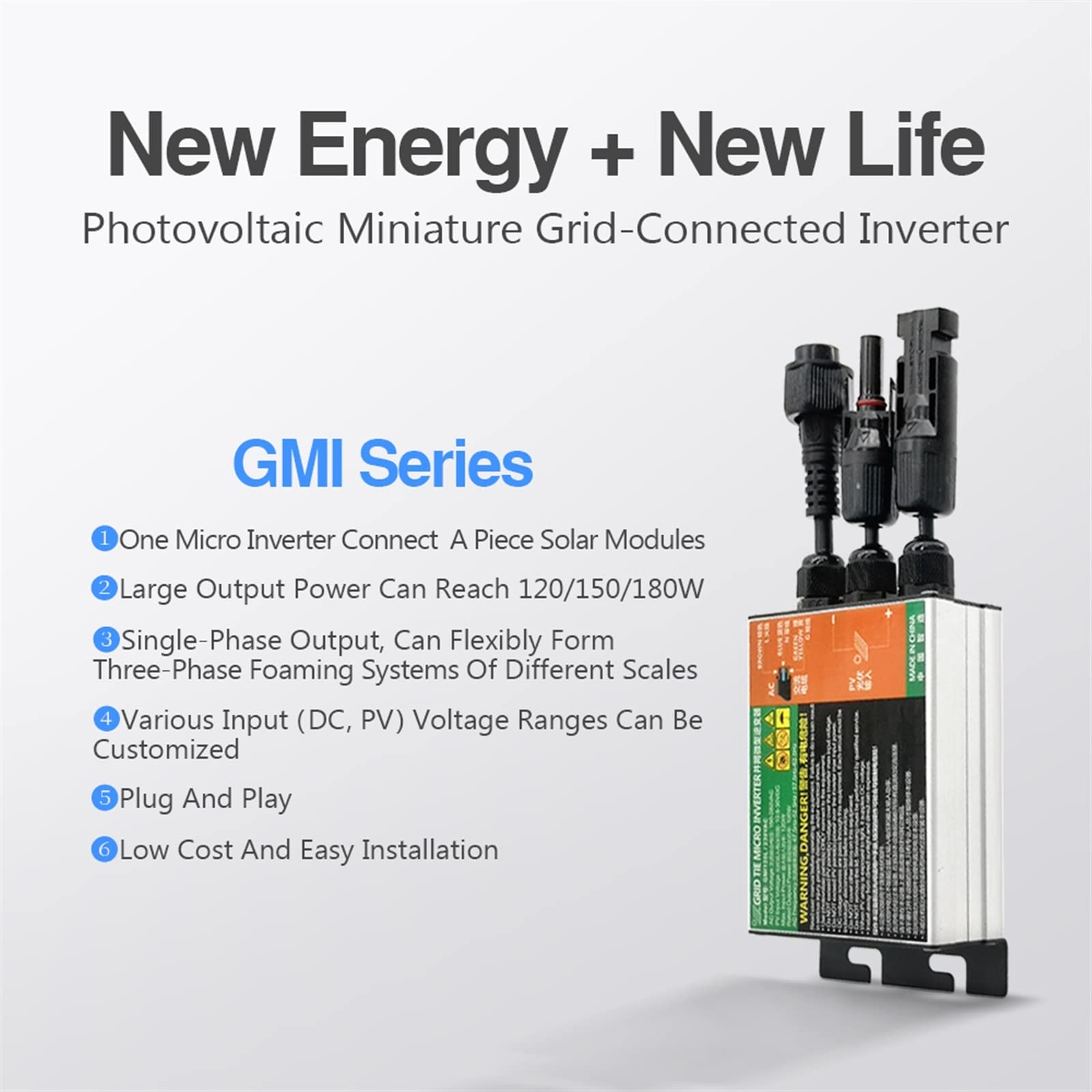 Solarny mikroinwerter sieciowy 120W 150W 180W MPPT Solarny fotowoltaiczny mikroinwerter sieciowy Seria GMI Wejście DC 10.8V do 30V AC Wyjście 80V do 280V 50Hz 60Hz Inwertery,PotężNa Moc WyjśCiowa(GMI