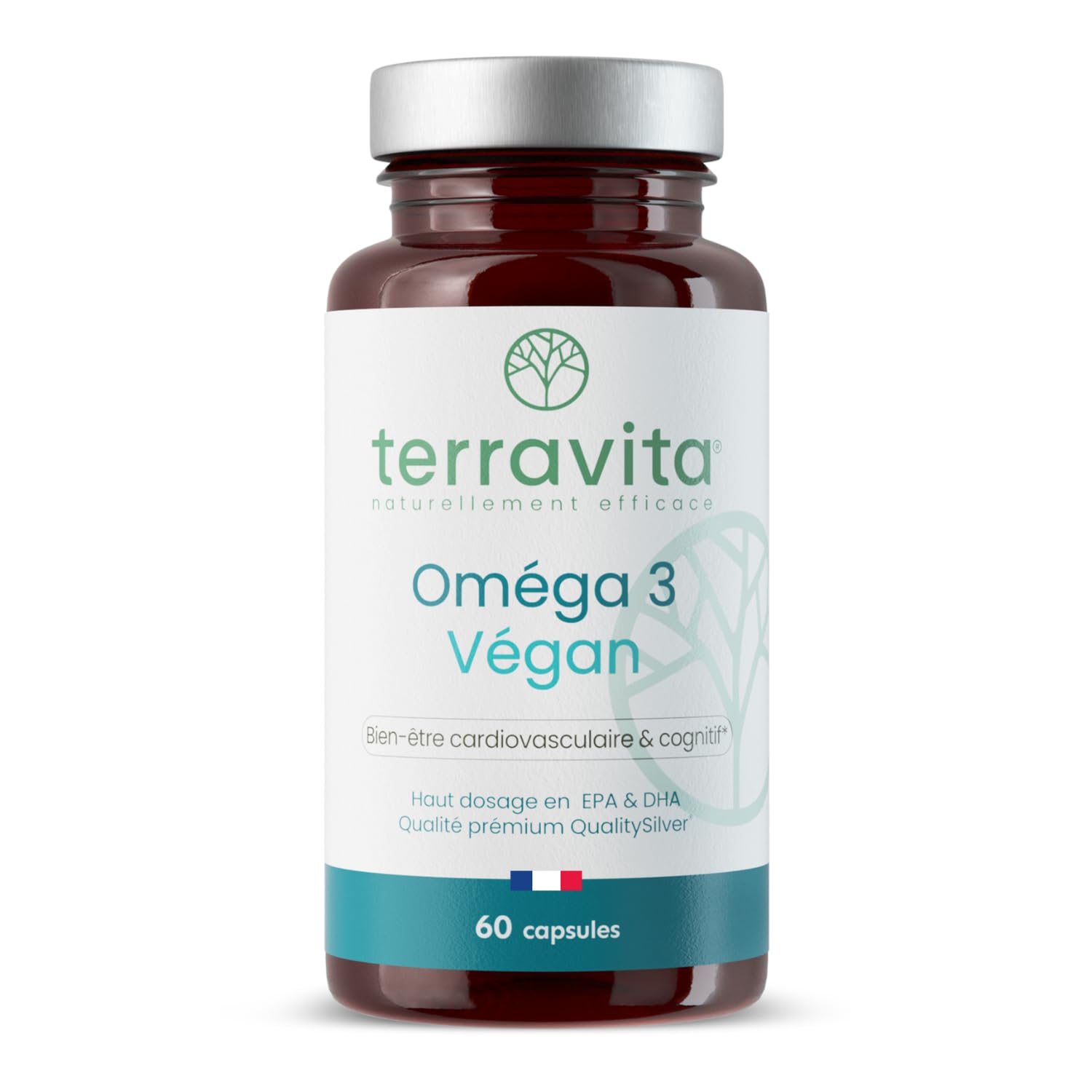 Oméga 3 Vegan | Huile Brevetée OmegaVie® issue de la microalgue Schizochytrium | 250 mg de DHA et 125 mg d’EPA par Capsule | Garantie sans Métaux Lourds | 60 Capsules | Made in France | Terravita