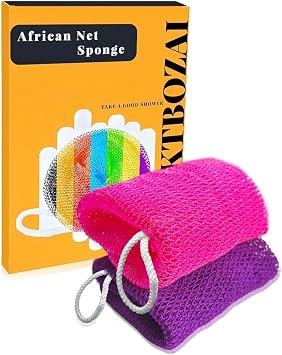 SPMKTBOZAI African Net Sponge Authentic, 2 Pieces African Exfoliating Sponge Real African Net Black Owned, African Bath Sponge Back Scrubber for Shower Loofah Bathing AccessoriesPurple, Rose Red