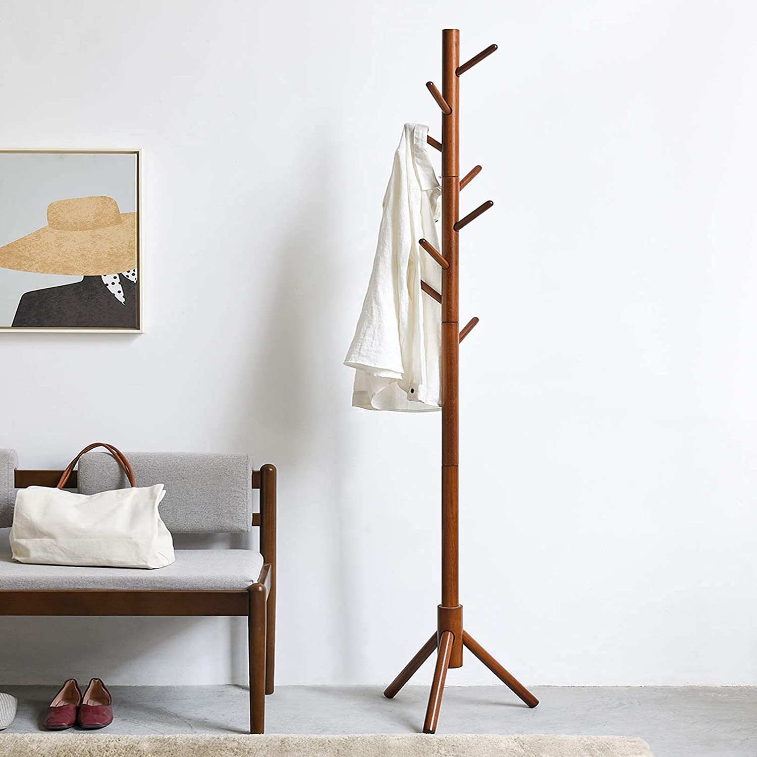 STAR WORK -Wooden Tree Coat Rack Stand 8 Hooks - Super Easy Assembly Required - 3 Adjustable Sizes Free Standing Coat Rack, Hallway/Entryway Coat Hanger Stand for Clothes, Suits, Accessories (Walnut) 2
