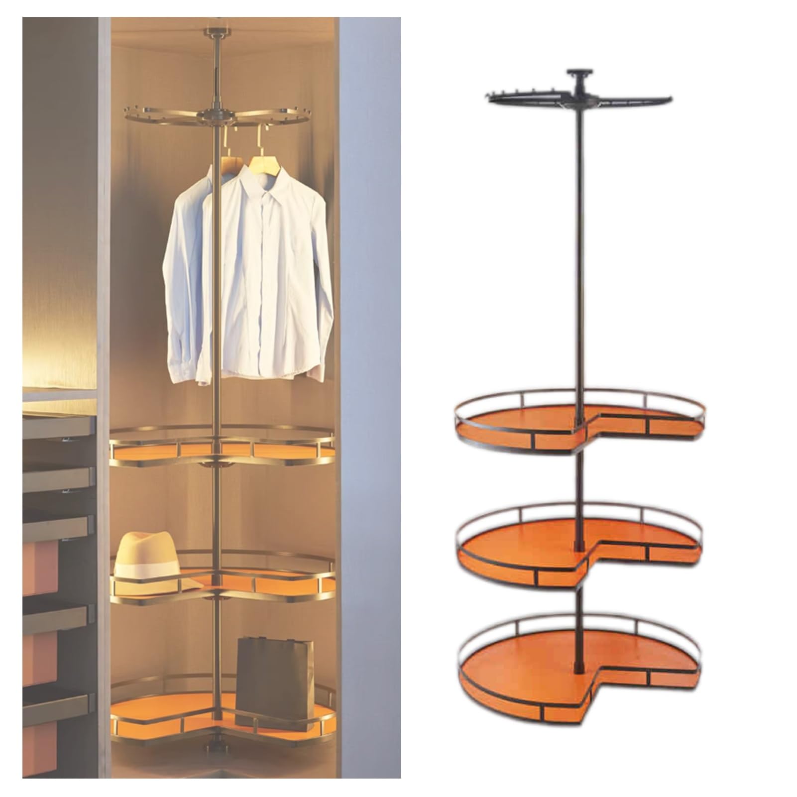 4-Tier Heavy Duty Round Closet Rod,360° Rotating,Cloakroom Corner Storage Organizer,60kg Load Capacity for Bedroom Living Rooms(Orange,1850-2100mm)