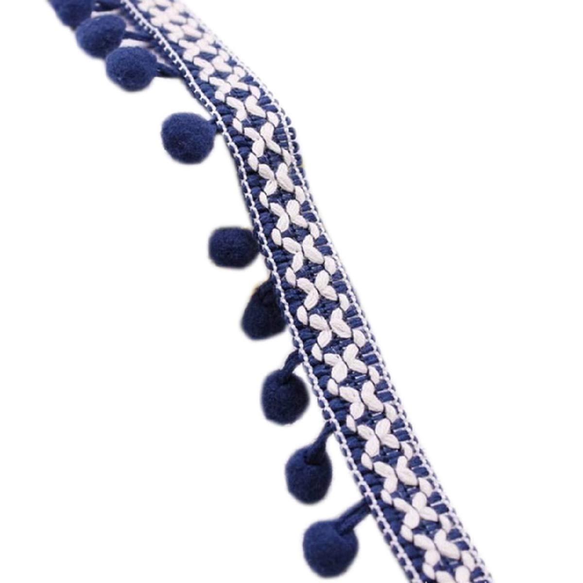 Yalulu 20 Yards Embroidered Trim Ribbon Pompoms Trim Fringe Ribbon Pom Pom Crafts Tassel Lace DIY Sewing Accessories Supplies (Navy Blue)