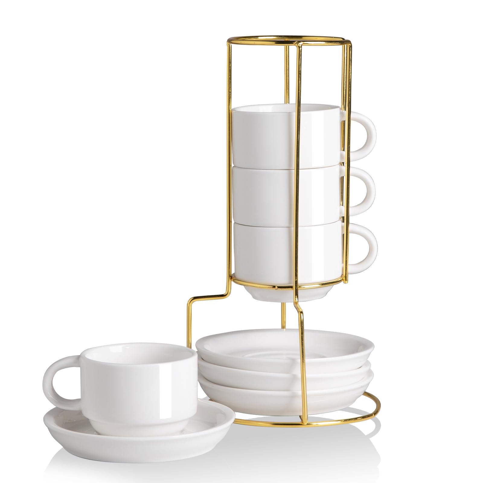 Sweejar Porcelain Espresso Cups with Saucers, 4 Ounce Stackable Cappuccino Cups with Metal Stand for Coffee Drinks, Latte, Tea - Set of 4 (White Gold Stand)Carbonfree Certified