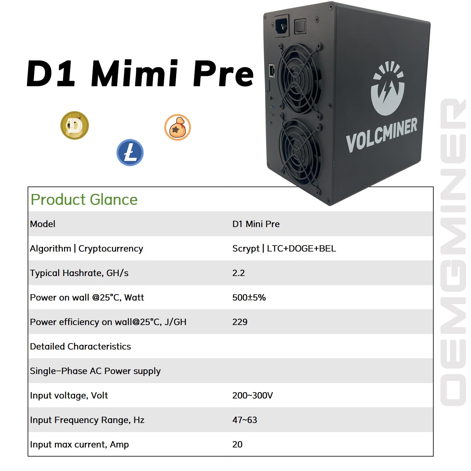 VolcMiner D1 Mini 2.2GH/s Scrypt ASIC Miner for Litecoin (LTC) Dogecoin ( Doge) BEL | 500W High Efficiency Mining Rig | 200-300V Wide Voltage |  w/Power Supply Cord | Pre-Order Ships March 2025: