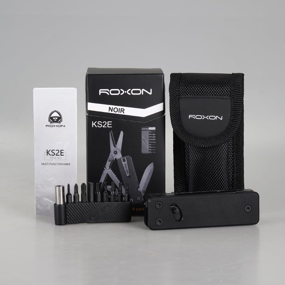 ROXON KS2E NOIR Couteau de poche multifonction avec grande lame de ciseaux | manche en G10 et clip de poche, 13 fonctions en 1, idéal pour le camping, la randonnée, les urgences et un usage quotidien