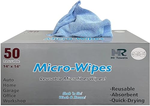 Mr Towels Toallitas de microfibra reutilizables, 50 unidades, tamaño 14 x 14 pulgadas (azul cielo)