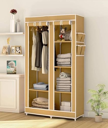 COROID Multipurpose 2 Door 6 Shelve Fancy and Portable Foldable Collapsible Closet Baby Wardrobe, Metal Collapsible Wardrobe Organizer for Clothes (Iron & Non Woven Fabric)` (Large, Beige)