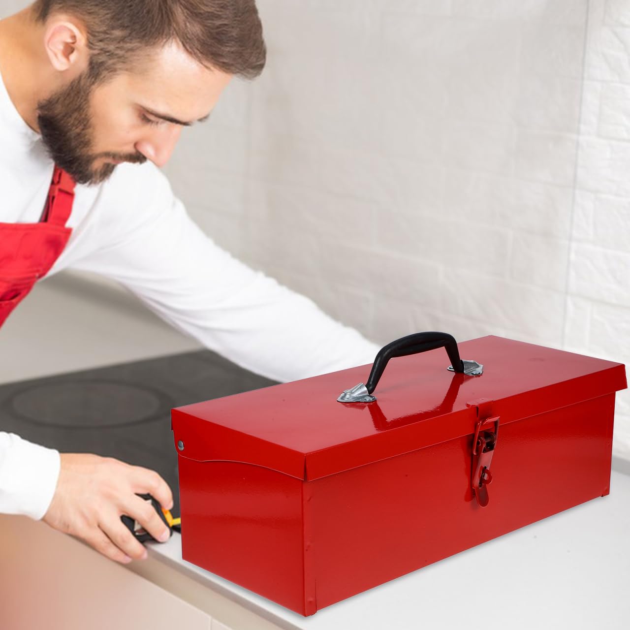 Robusta cassetta degli attrezzi in acciaio rosso, chiudibile a chiave, 39 x 16 x 13 cm, durevole offerta per casa, garage e progetti fai da te, soluzione ideale per riporre strumenti e accessori
