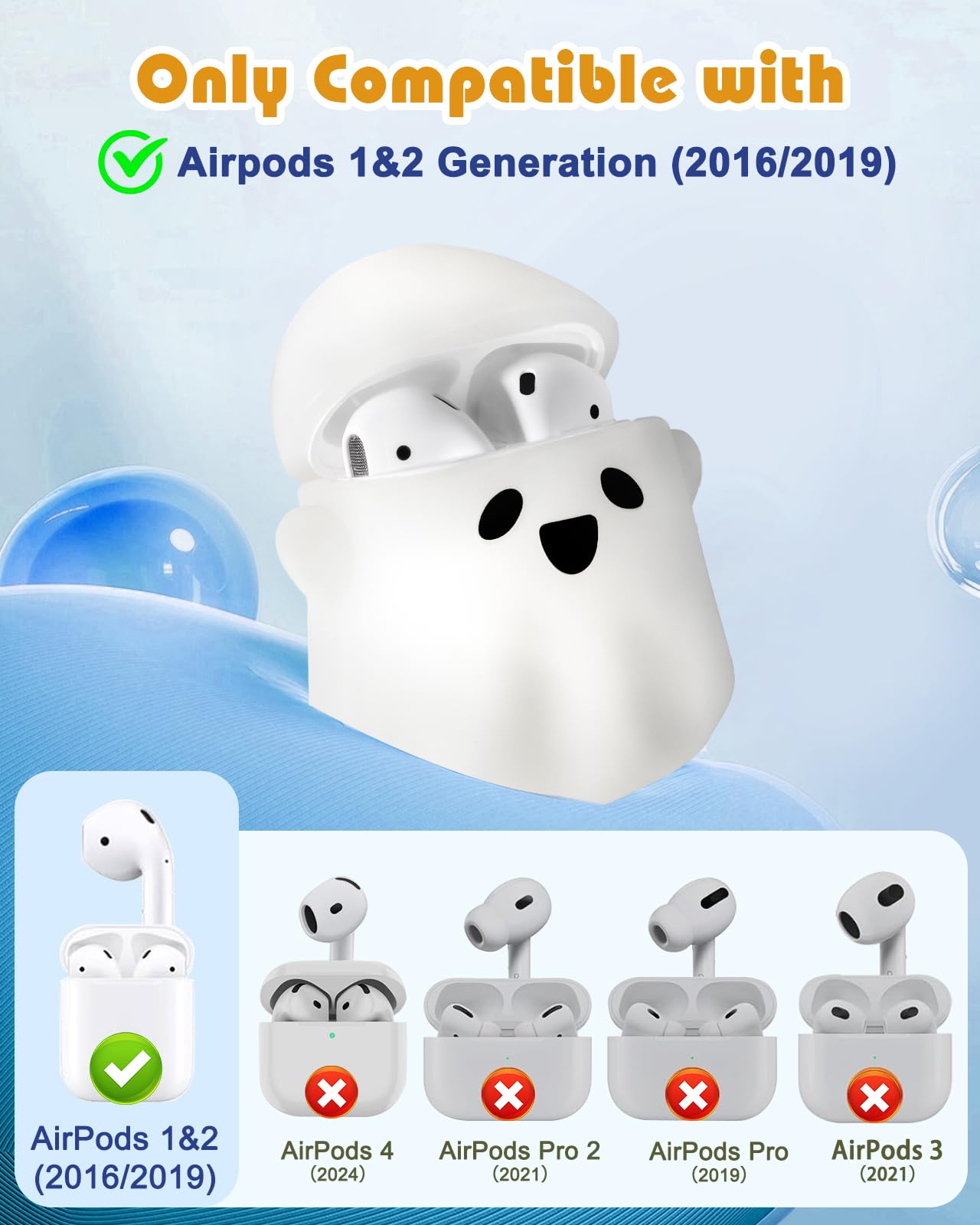 Boaretiu - Funda para AirPods 2/1, luminosa y bonita funda de fantasma kawaii con llavero para AirPods funda divertida 3D de silicona suave divertida para niñas, mujeres, adolescentes y niños, para