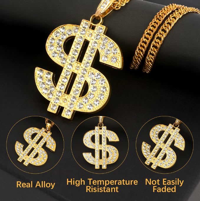 Gold Chain with Dollar Sign, Fake Gold Chain, Gold Money Chains for Men, 80 90s Hip Hop Gold Digger Costume Accessories, Hip Hop Jewelry Pendant Necklace4