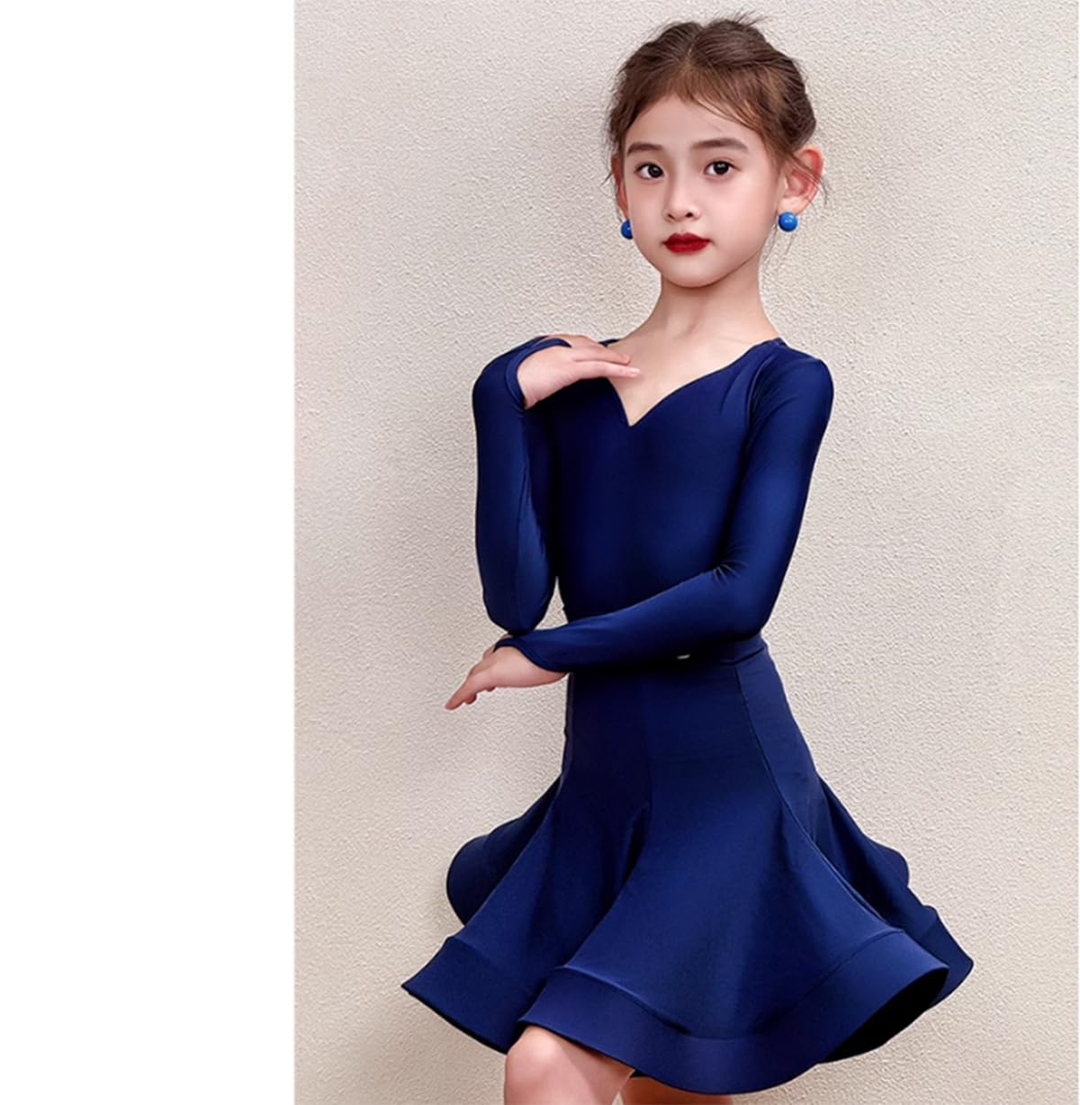 Vestido Profesional de Baile Latino para niñas Ideal para Tango Salsa Samba y Bailes de salón Traje para competición o presentación en el Escenario,Navy Blue,130cm