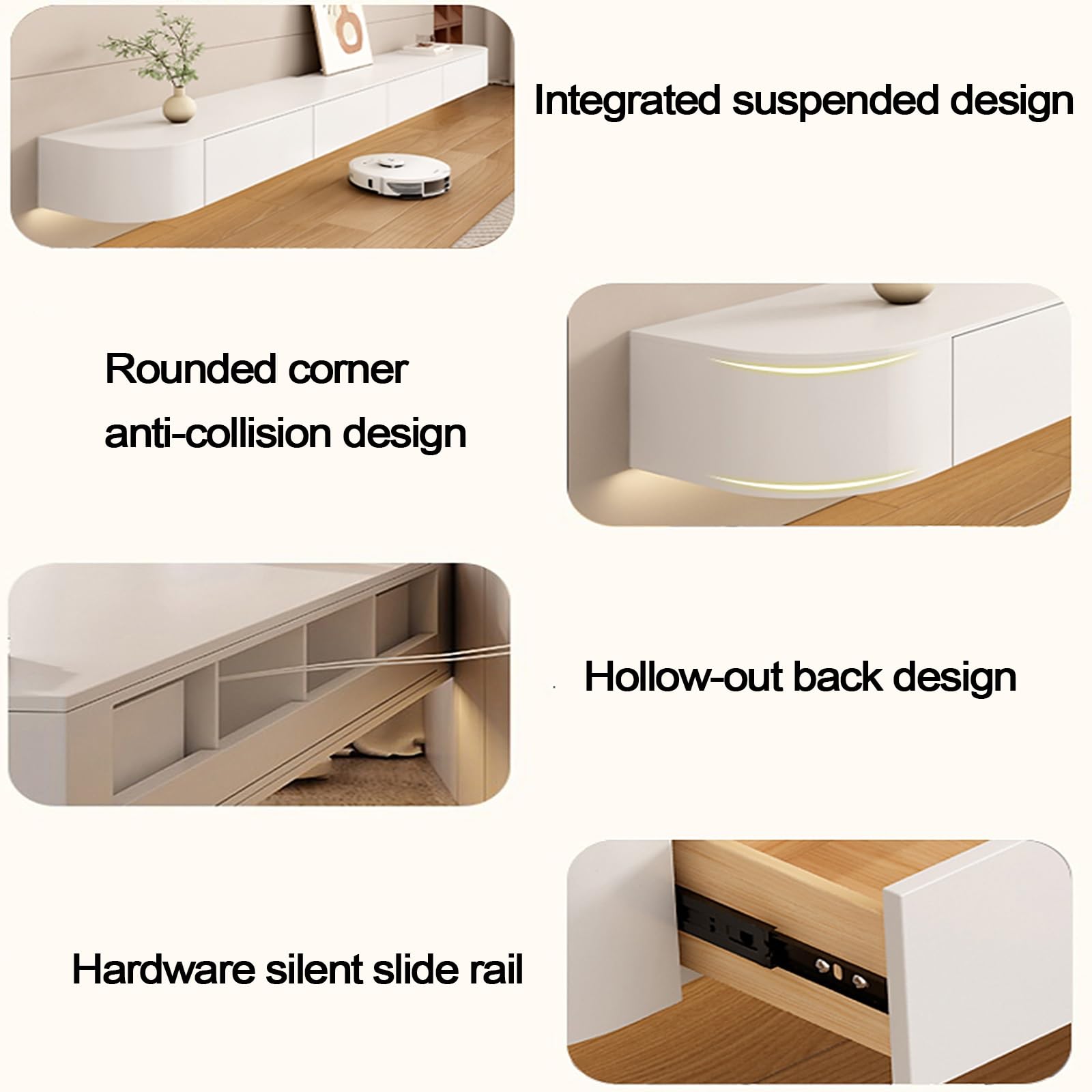 Mobile TV sospeso da Parete in Legno massello, Grande capacità di stoccaggio, Design con Schienale Cavo, Hardware, Guida Scorrevole silenziosa, Centro di intrattenimento TV, Foro f