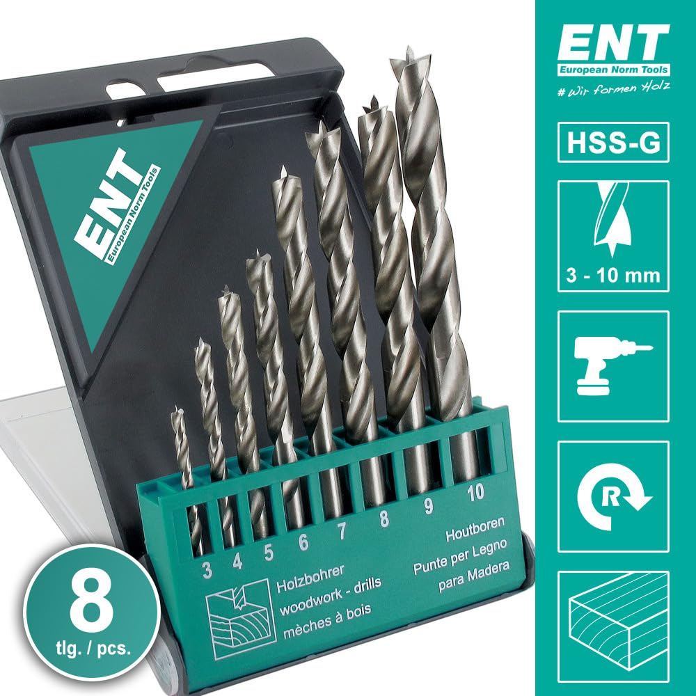 ENT 09248 Juego de 8 brocas para madera HSS-G - 3-10 mm - brocas helicoidales afiladas en HSS