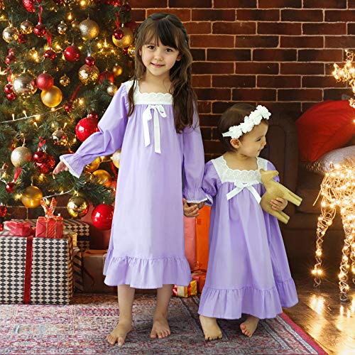 610 You Cotton Vintage Summer Pajama Dresses, Girls Long Sleeve Nightgowns, Purple Vintage Night Gowns For Kids Girl, 5T-6X #TOP4