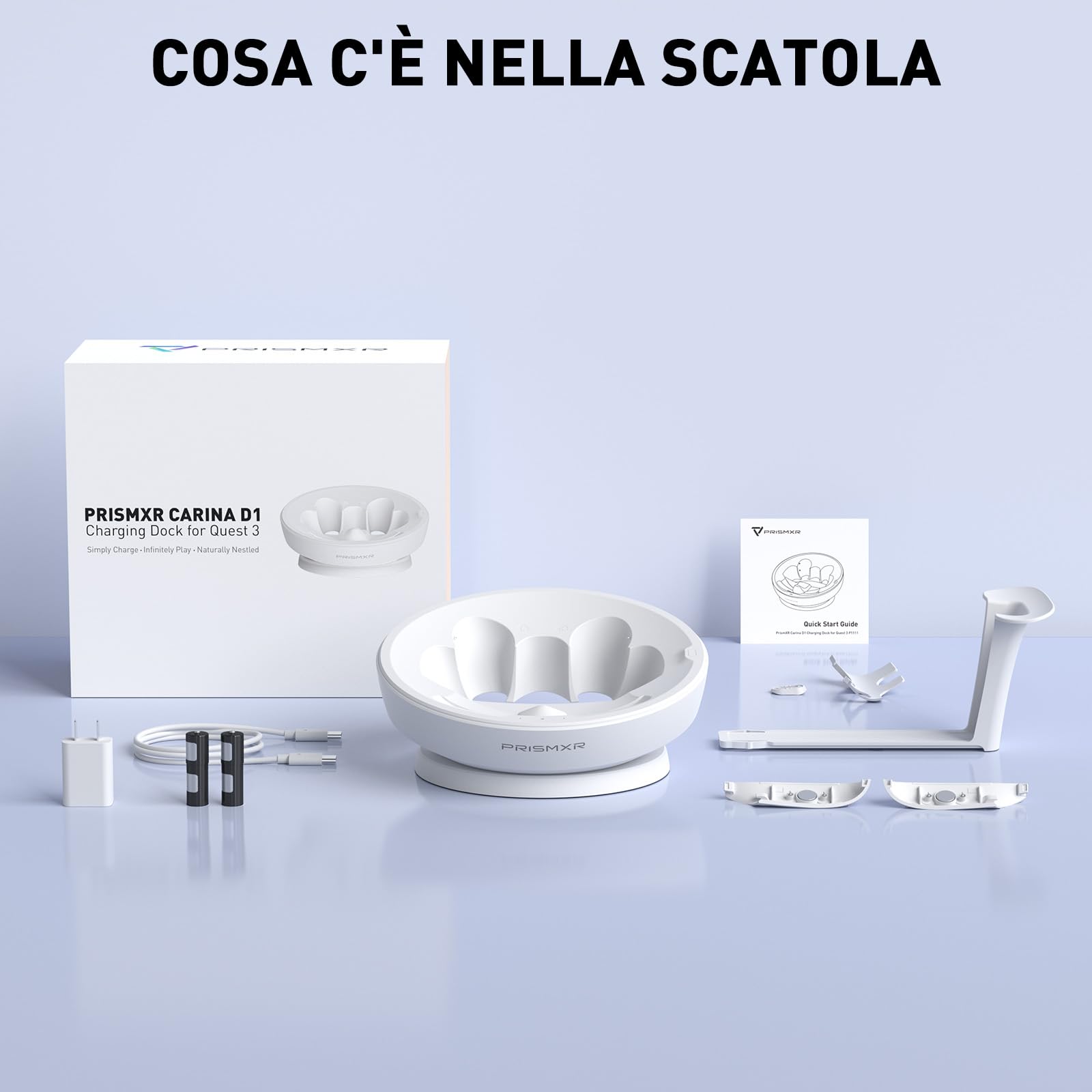 PRISMXR Dock di Ricarica Stazione Ricarica Rapida per Meta Quest 3 Accessori Quest3 Controller 2 Batterie Ricaricabili (Carina D1)