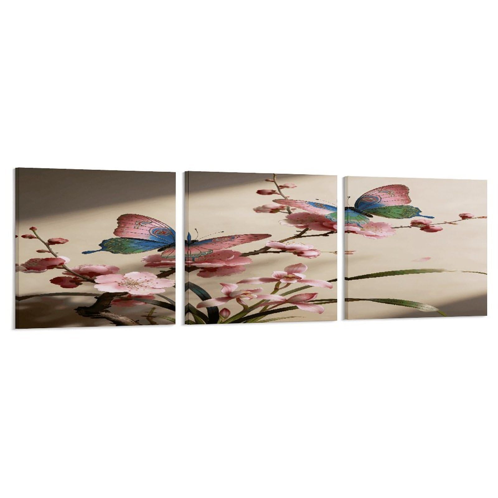 Khauerbc Style Set Of 3 Butterfly Perches On The Spring Branch. Wall Art，Paintings Artwork For Living Room, Hallway, Bedroom, Office Wall Decor For Living Room, Hallway, Bedroom, Office Paintings Artwork 8X8 Inch