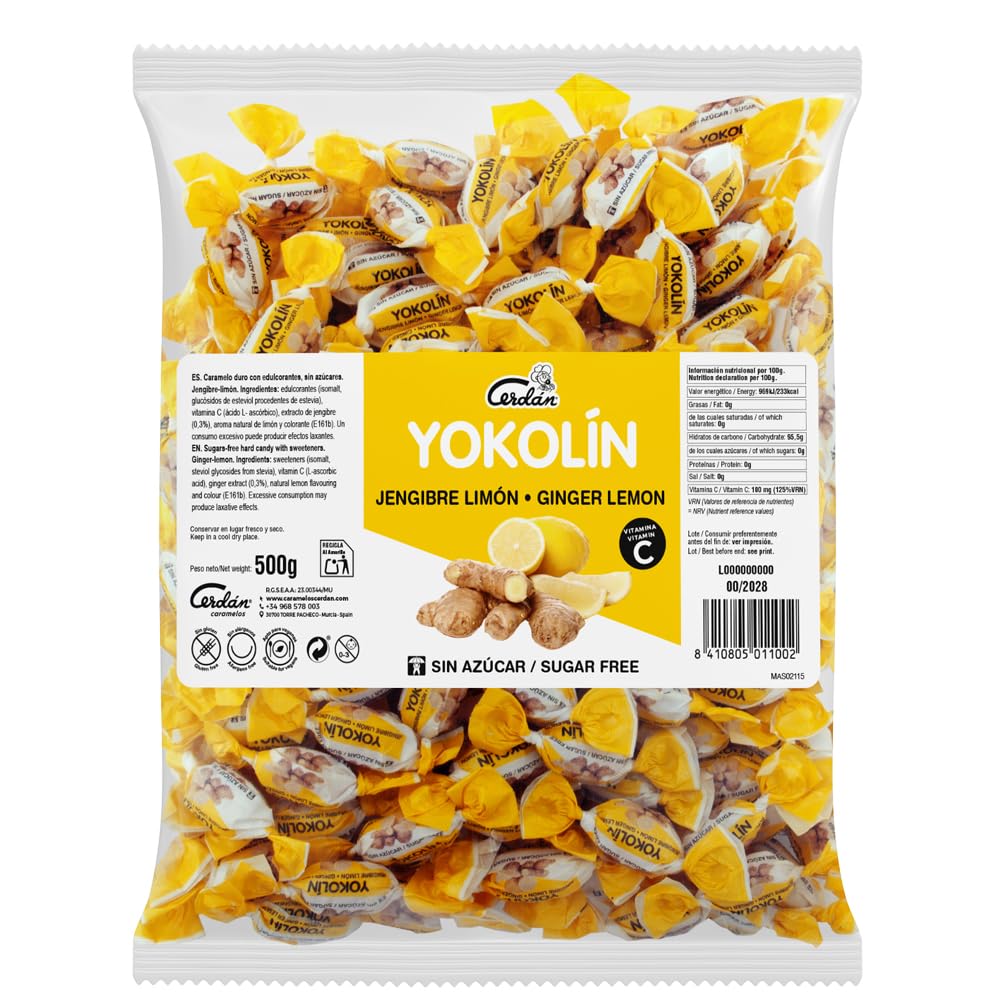 Caramelos Cerdán Yokolín Caramelo sin Azúcar Sabor Jengibre Limón con Vitamina C Bolsa 150 uds 500g Caramelo Duro Sin Gluten