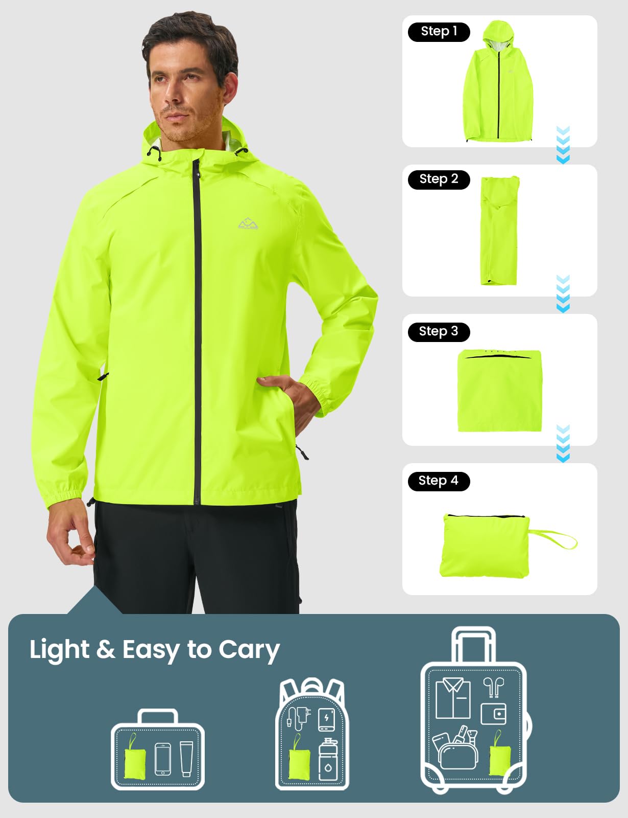 donhobo Herren Regenjacke Faltbar Wasserdicht Outdoorjacke | Leicht, Regenmantel mit Kapuze, Fahrrad Rainjacke Windbreaker Windjacke für Jahreszeiten Wandern Laufen Angeln Camping