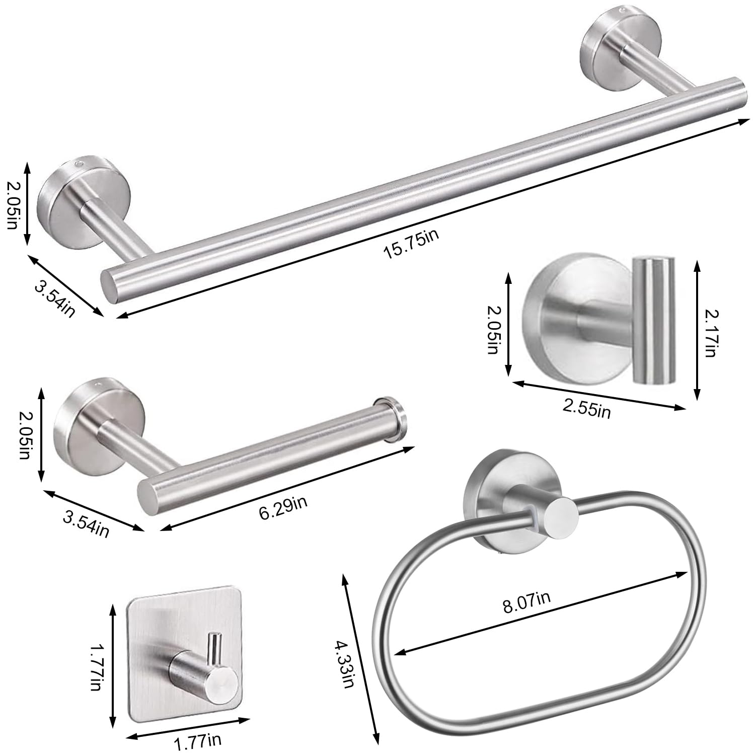 Juego de accesorios de baño de 7 piezas, toallero plateado, accesorio de baño de acero inoxidable SUS304, incluye toallero plateado, soporte para rollo de inodoro, anillo de toalla y ganchos de pared