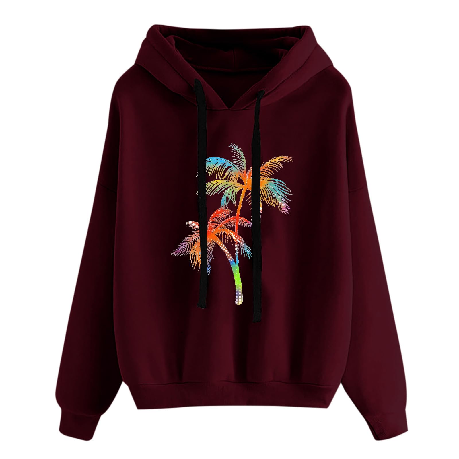 Women's Hooded Sweatshirts Pullover Top Ladies Casual Pattern Print Drawstring Pocket Hoodies Womens Solid Long Sleeve Tops Loose Lightweight Sweatshirt for Women