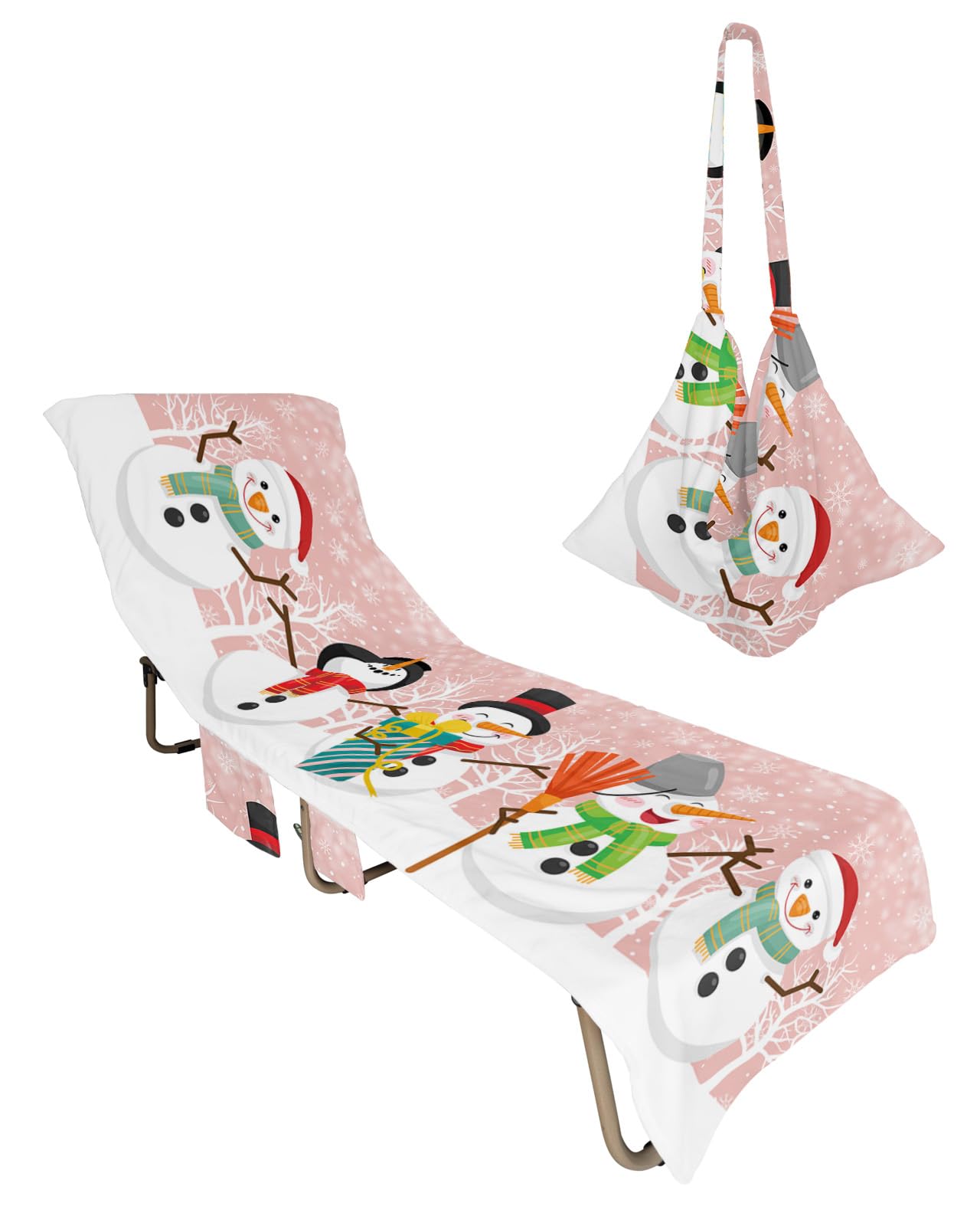 Pink Snowman Christmas Beach Lounge Chair Towel Cover, Soft Chaise Lounge Towel with Side Pockets Patio Pool Chairs Cover for Beach/Pool Sunbathing 29x85 Xmas Tree Winter Snowflake