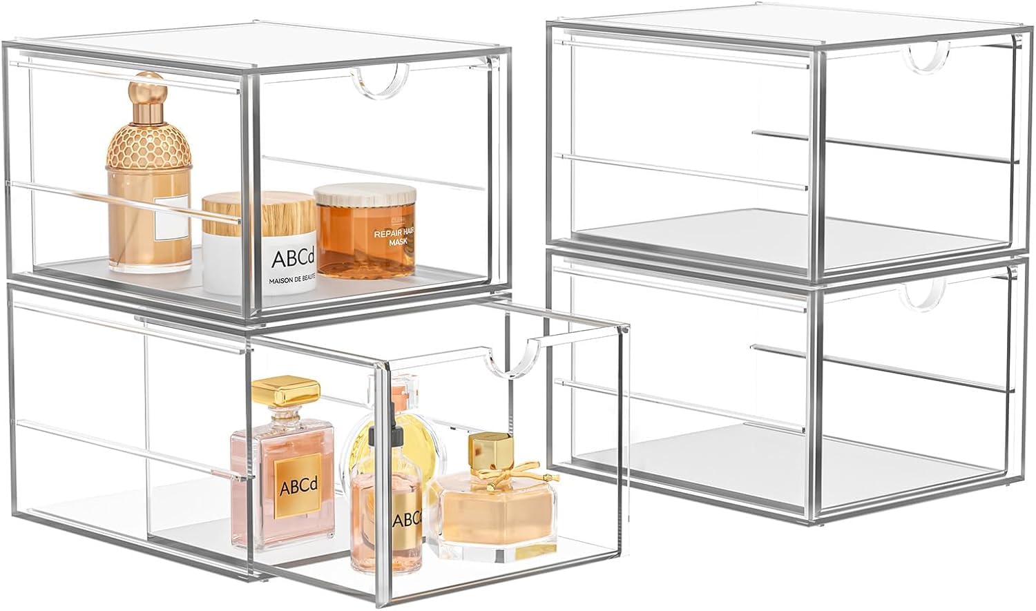 4 Pack Stackable Storage Drawers, Acrylic Cosmetic Drawer, Clear Desk Accessories, Latest Model Dustproof Drawer Storage for Dresser, Bathroom