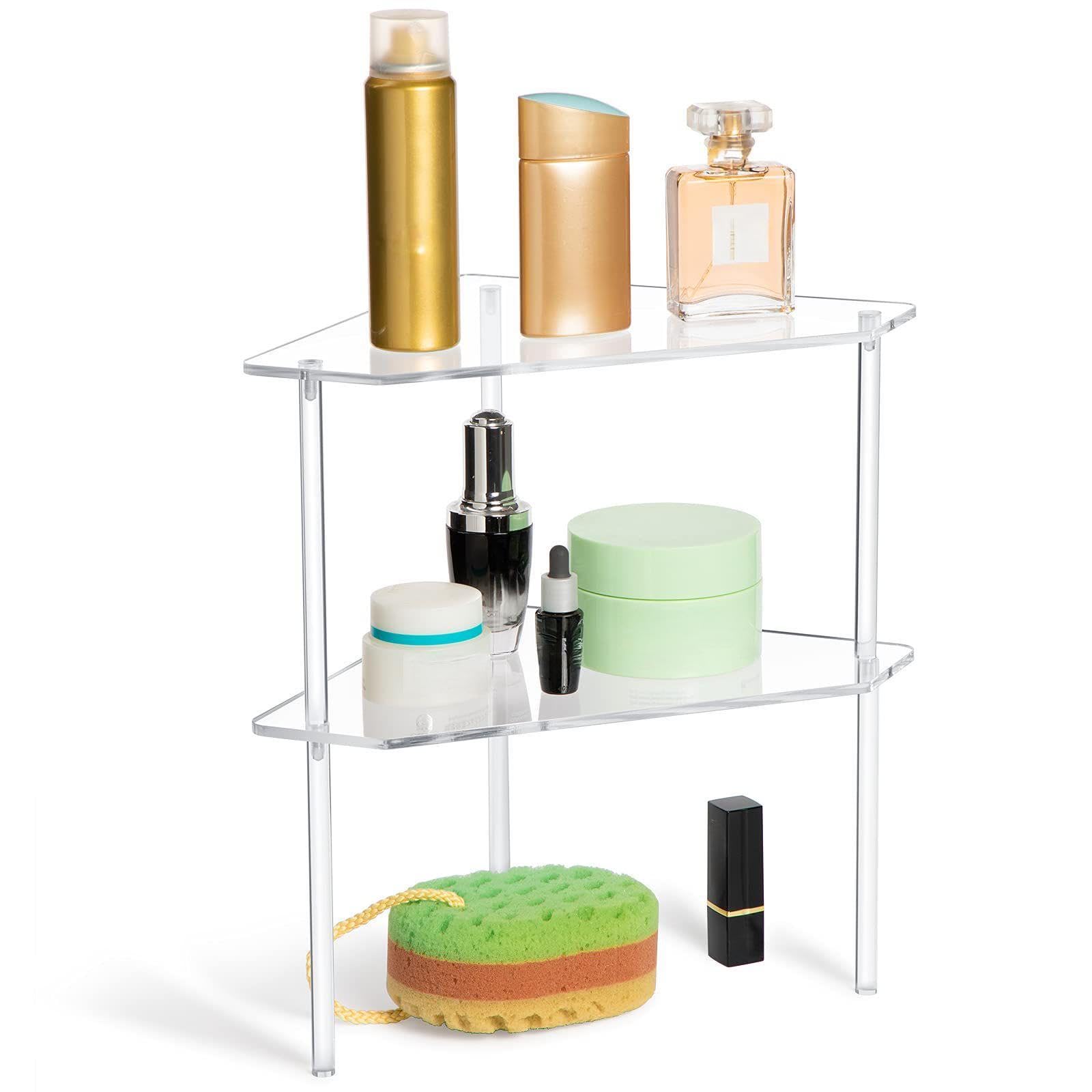 Jetec 2 Tier Corner Bathroom Organizer Countertop Shelf Acrylic Bathroom Table Organizer Vanity Tray Sink Stackable Clear Shower Corner Vanity Shelf