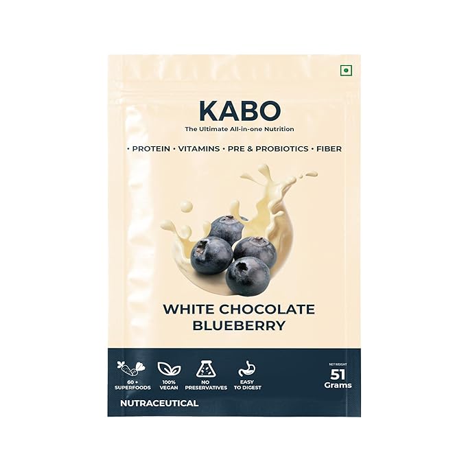 KABO 25g Yeast & Plant Protein Powder | 60+ Superfoods & 26 Vitamins & Minerals, Probiotics for Men & Women | India's First 3-in-1 Healthy Drink | White Chocolate Blueberry Flavour | 1 Pack (51g)