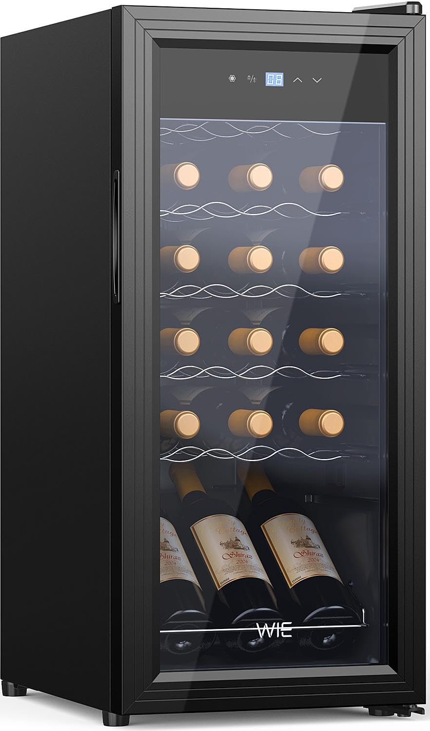 WIE Vinoteca, 18 Botellas Nevera Vinos, 53L Vinoteca Pequeña, Protección UV, Control Táctil, Iluminación LED, 5-18°C, para Vino Tinto, Vino Blanco, Cerveza, Bar Interior/Cocina/Hotel